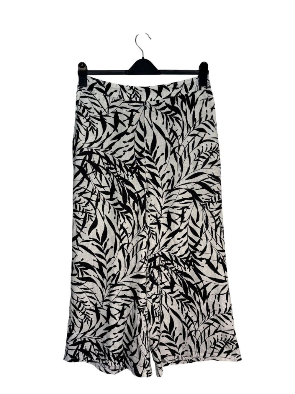 Tahari Linen Wide Leg Palazzo Pants Black White Leaf Print Elastic Waist L